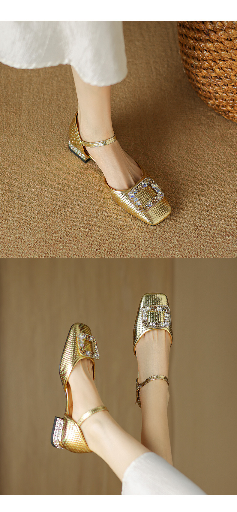 Sandal nữ bít mũi đế bệt da bò khóa vuông đính đá rhinestone — Màu vàng chi tiết 12