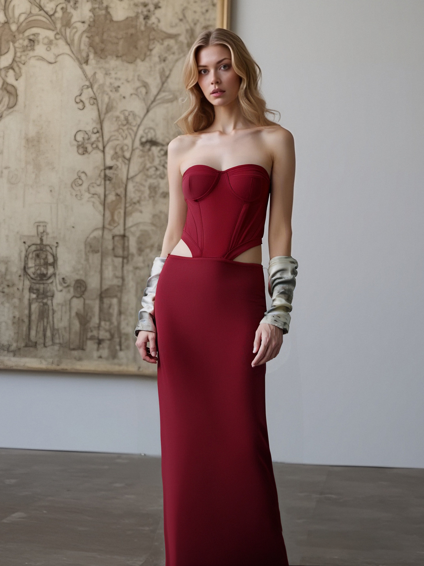 2025 estilo europeo y americano diseño de ropa de mujer transfronteriza con sentido de la parte superior del tubo, falda de vendaje de espina de pescado, ropa de brindis de boda burdeos delgados