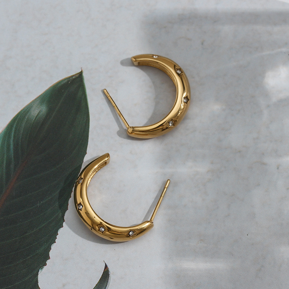 Retro C Shape Stainless Steel Earrings Inlay Zircon Stainless Steel Earrings_colorza_3