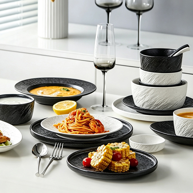 Rock-patterned, solid-color, underglaze-decorated bowl and plate sets, ceramic tableware sets, DIY high-end bowl and plate sets for home use