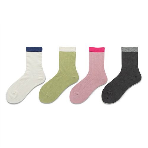 Japanese-style spring and summer color-blocked vertical strip crew socks, cotton, breathable, thin, drawstring, for women to match loafers and single shoes