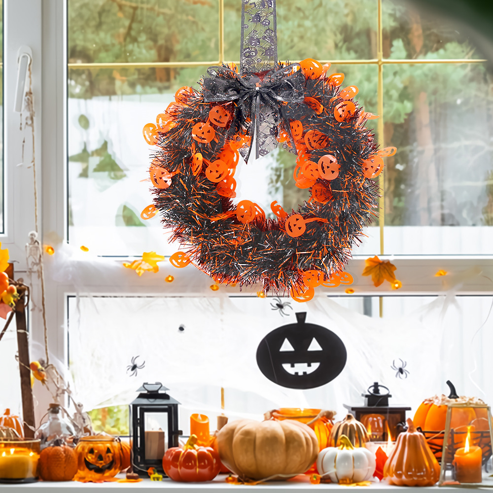 Corona de flores con cinta de Halloween para colgar en la puerta, calabaza, calavera, tira de pelo, enredadera, colgante circular, ambiente de festival fantasma_voghion.com