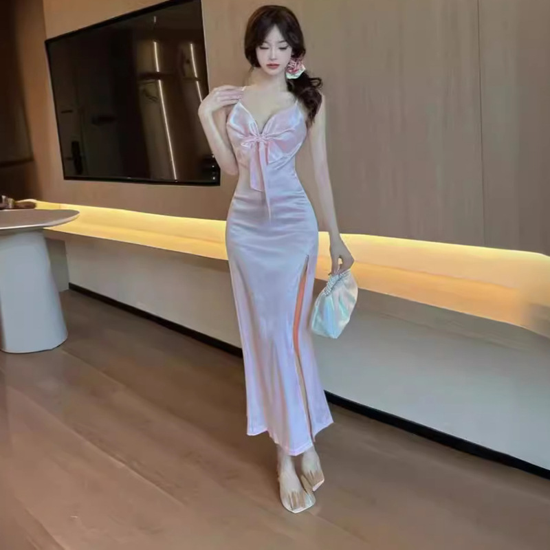 Sexy New Style Drawstring Low-cut Long Women's Clothing Tight Waist Fashionable Slim-fit Elegant High Split Sling dress Summer