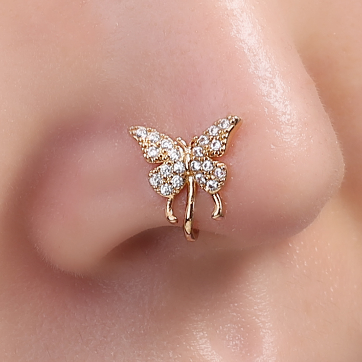 Popular cross-border jewelry accessories, copper inlaid diamond snake shaped nose ring, butterfly piercing nose ornament, nose nail jewelry, wholesale nose clip