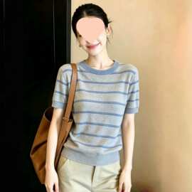 灰色条纹短袖针织衫女款2026新款夏季撞色超好看气质薄款女士上衣