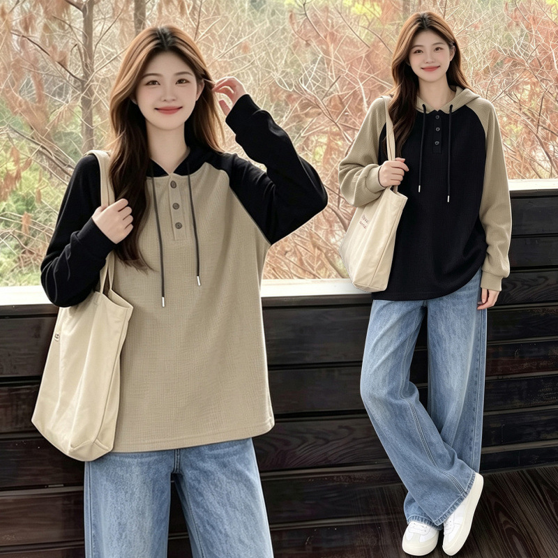 Maternity wear American style raglan sleeve hooded sweatshirt set, spring and autumn plus-size loose khaki top