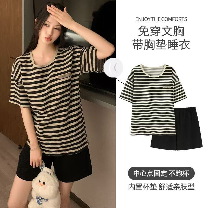Venta al por mayor transfronteriza con almohadilla para el pecho pantalones cortos de manga corta pijamas de cuello redondo mujer dibujos animados lindo verano traje de servicio a domicilio nube algodón