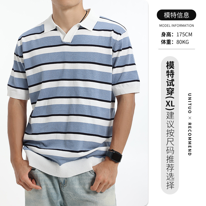 Europa y Estados Unidos transfronterizos hielo de punto polo camiseta de hombre de alto nivel de negocios ocio rayas de verano de manga corta camiseta