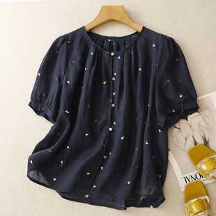 Korean-Style Heavy Embroidery Small Heart Round Neck Short-Sleeve Shirt for Women, Summer Temperament Top, Super Pretty Ramie Thin Blouse