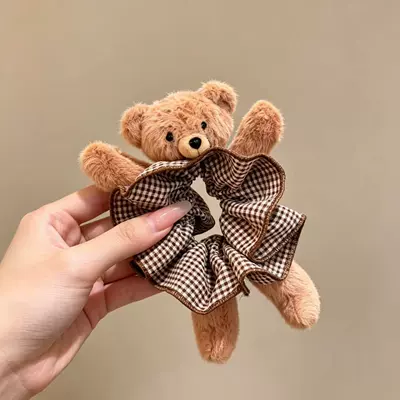 Original Plush Teddy Bear Plaid Saç üçün rezinlər - plaid-teddy-hair-tie-coffee