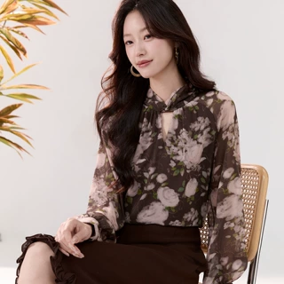 2026秋季新款印花雪纺衫女衬衣长袖立领上衣洋气小衫2975