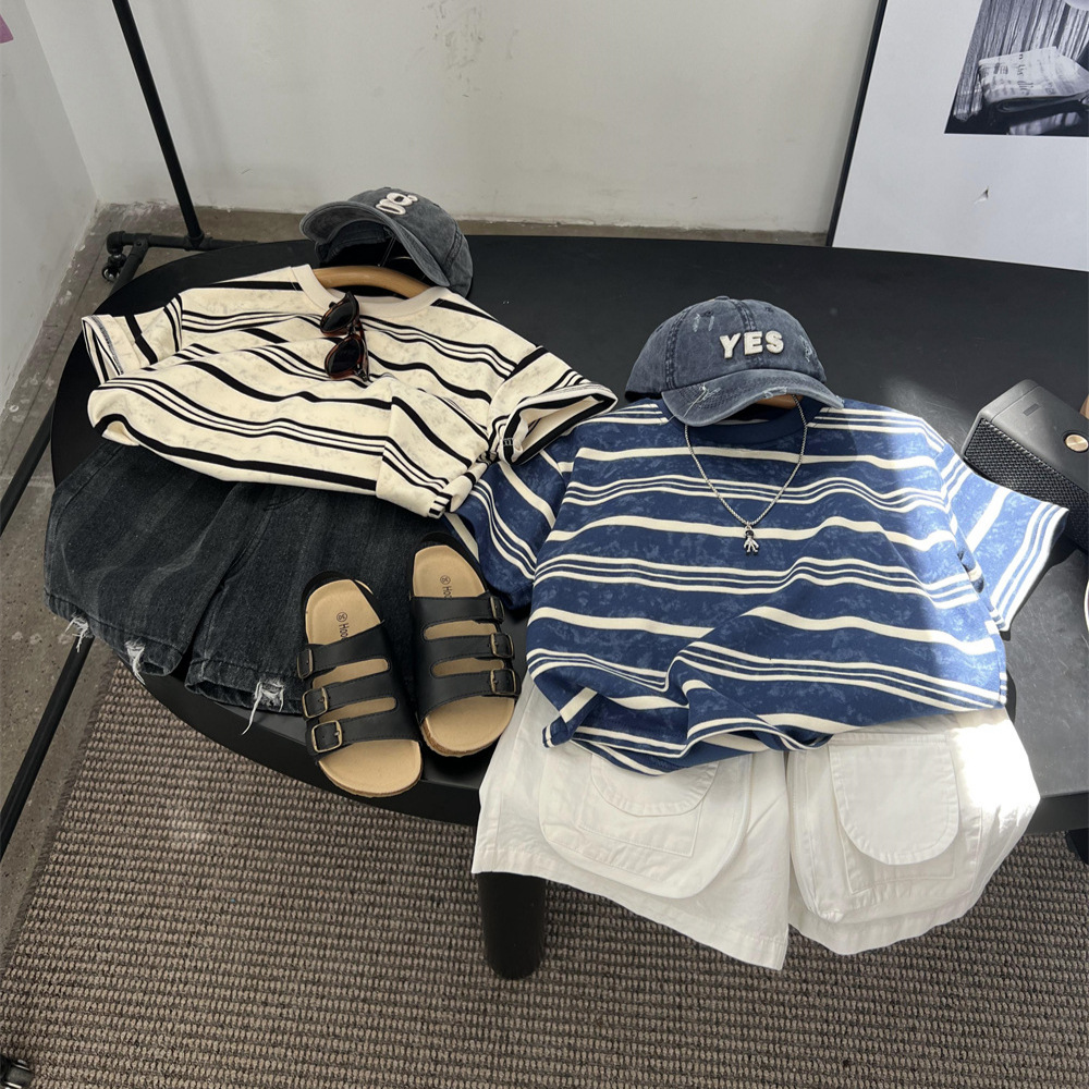 美式男童夏季特種工藝蠟染寬條紋短袖衫兒童寬鬆彩條扎染半袖T恤