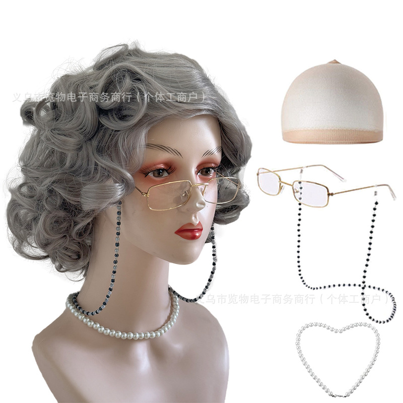Stage Performance Props Grandma cos Wig School Performance Wig Beard Glasses Christmas Halloween Decoration