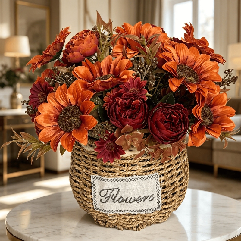 Autumn-Colored Sunflowers and Peonies Home Decorations European-Style Sunflowers Living Room Flower Arrangements Artificial Flower Ornaments Wedding Decorations