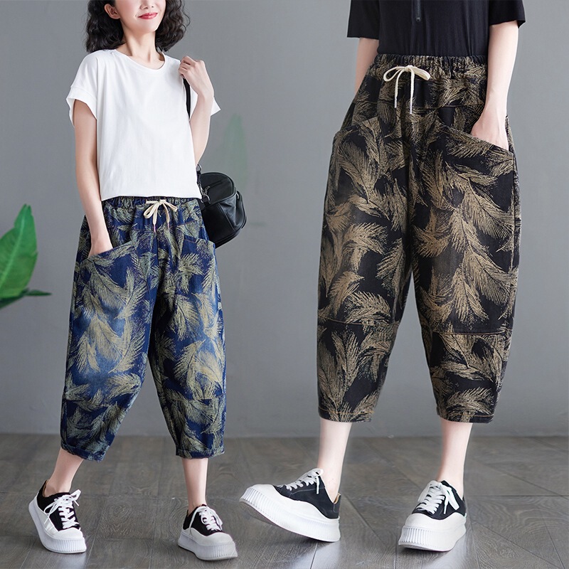 2025 Summer New Washed Printed Plus-Size Women's Jeans with Double Pockets, Drawstring Elastic Waist, Cropped Harem Pants