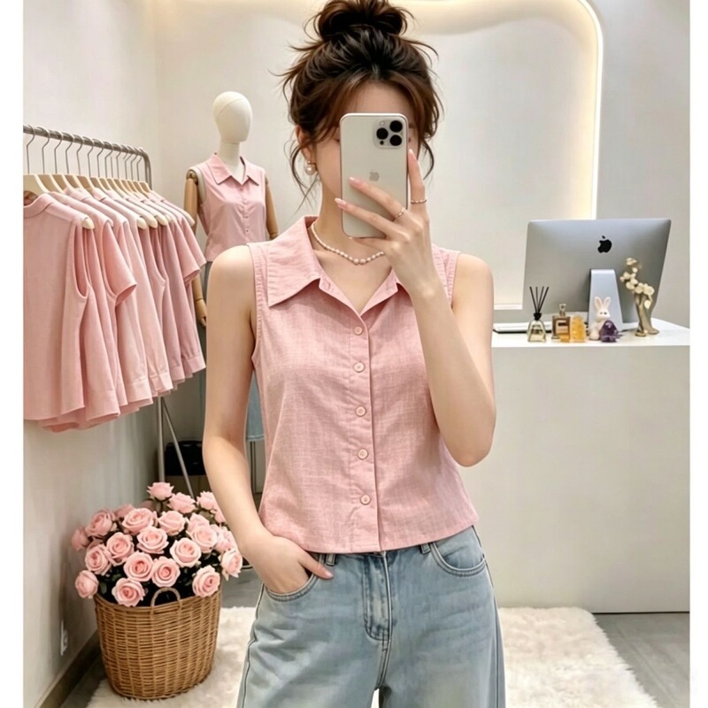 French-Style New Pink Sleeveless Shirt for Women, Summer 2026, Turn-Down Collar, Single-Breasted, Slim-Fit, Versatile Commuter Top