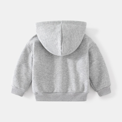 Fashionable autumn and winter new boys' fleece hooded jacket round tie lettered fleece casual long-sleeved zipper jacket