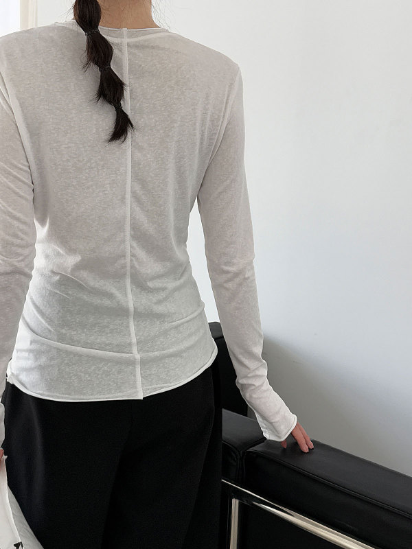 鹿西 韩系百搭卷边圆领T恤打底衫女秋季新款长袖内搭修身上衣2013|undefined