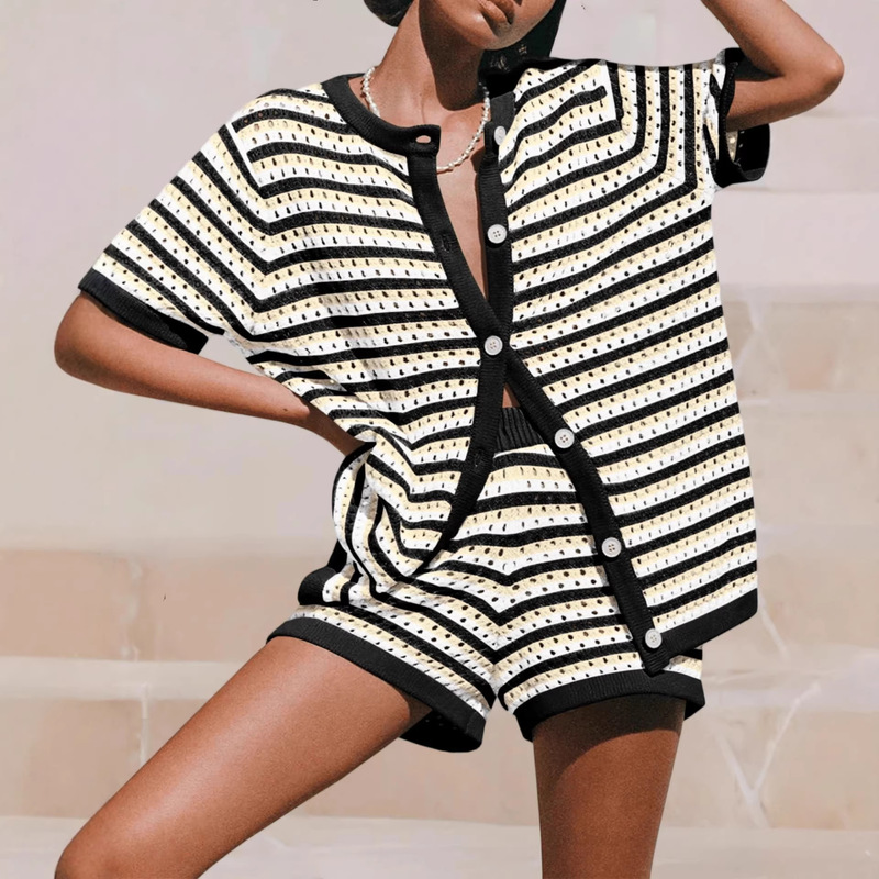 Cross-Border European and American Fashion Casual Amazon 2026 Spring/Summer New Women's Knit Color-Block Striped Short-Sleeve Two-Piece Set Cross-Border European and American Fashion Casual Amazon 2026 Spring/Summer New Women's Knit Color-Block Striped Short-Sleeve Two-Piece Set