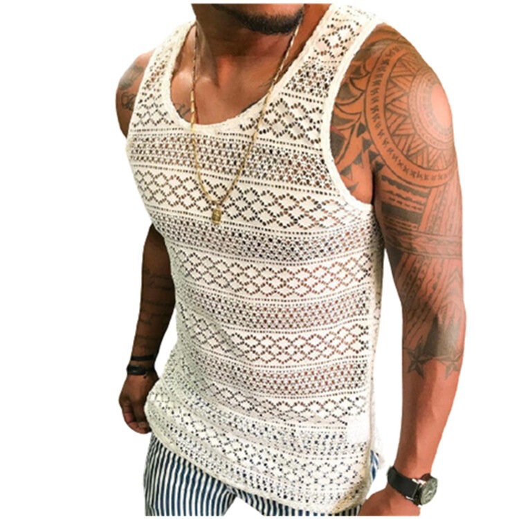 Summer European and American men's New hollow breathable vest cross-border foreign trade Men's top Tank top slim T-shirt