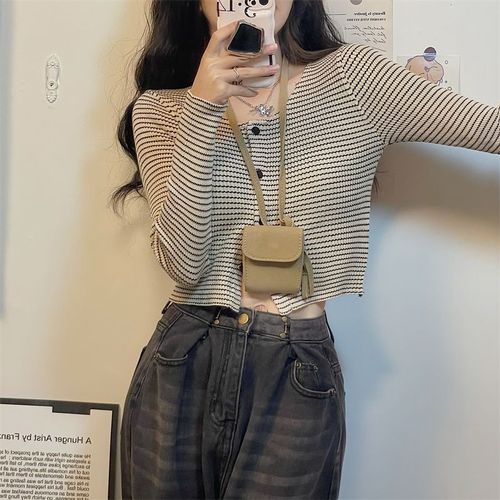 Knit sweater for autumn and winter, women's small Chanel-style striped gentle wear, design sense, niche versatile, slimming open sweater