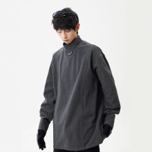 灰色德绒打底衫男款冬季拼接解构半高领卫衣内搭美式正肩长袖t恤