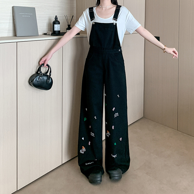 Childlike Heavy-Duty Age-Reducing Loose Slimming Straight Wide-Leg Pants Spring and Autumn Embroidered Black Denim Overalls for Women