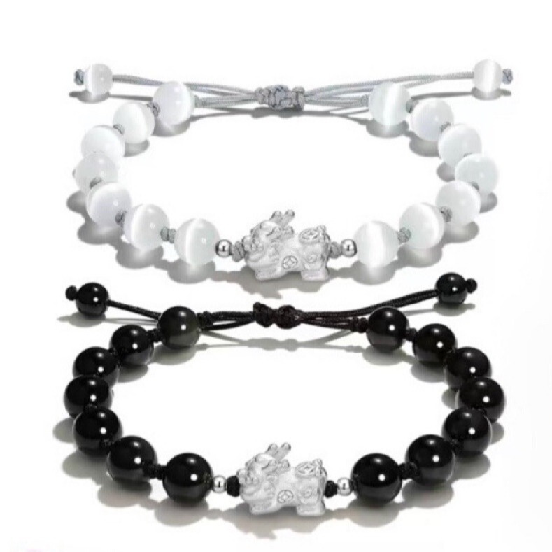 Designer Recommendation Rose Quartz Cat's Eye Silver Pixiu Couple Bracelet for Men and Women Gold Swallowing Beast Birthday Gift