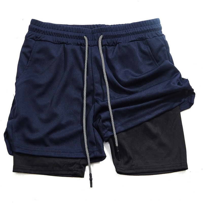 2025 New Style Double-Layer Sports Shorts for Men, Quick-Drying, Breathable, Fitness, Running, Casual, Loose-Fitting, Trendy Five-Point Shorts