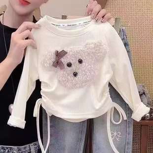 New Spring & Fall Girls' Fashionable Drawstring Raglan Bottoming Shirt Cute Cartoon Teddy Baby Girl Bottoming Shirt Long-Sleeved Top