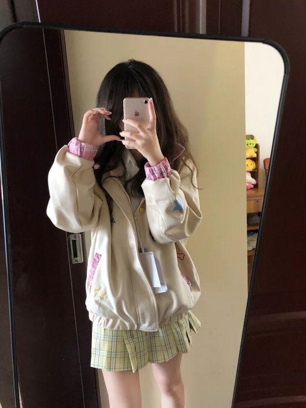 美式复古小狗刺绣撞色翻领休闲外套女秋季新款宽松百搭夹克棒球服|undefined