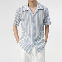 MTLCLOTHES男装|2024夏款新品 日系复古竖条纹撞色针织半袖衬衫潮