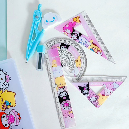 Sanrio Compass and Ruler Set Cute Kurome Student Exam Drawing Ruler 7-piece Stationery Set Gift