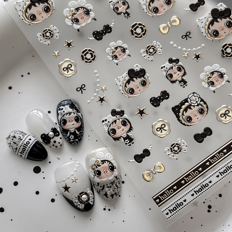 Black and white gold-embossed Lolita doll nail art stickers, vintage hand-painted big-eyed cute baby with sweet and cool bow nail stickers