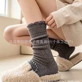 奶白花边袜子女中筒袜配短靴堆堆袜冬季加厚保暖软毛袜配靴子长袜