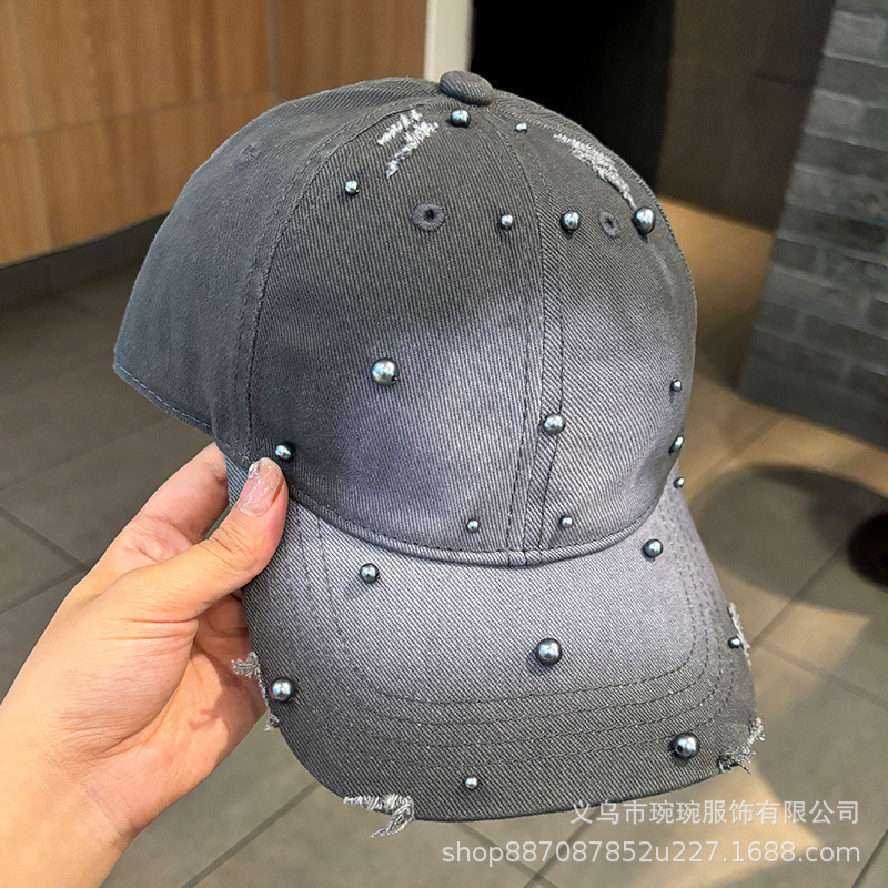 韓国スタイルのウォッシュ加工の穴あき野球帽、女性用、春と夏のファッショナブルで多用途なパールパーソナライズされた旅行用日よけ帽子|undefined