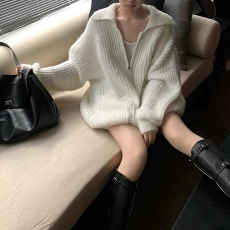 韩版简约休闲翻领拉链针织开衫女装秋冬新款软糯宽松显瘦毛衣外套|undefined