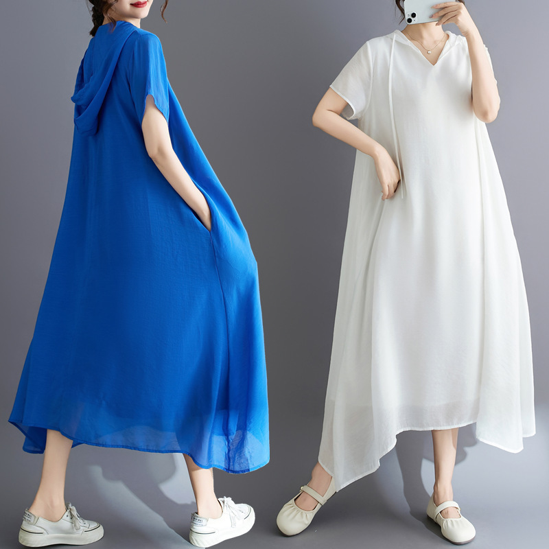 In Stock 2025 New Large Size Women's Travel Round Neck Elegant Silk Cotton Hooded Dress Loose and Slim