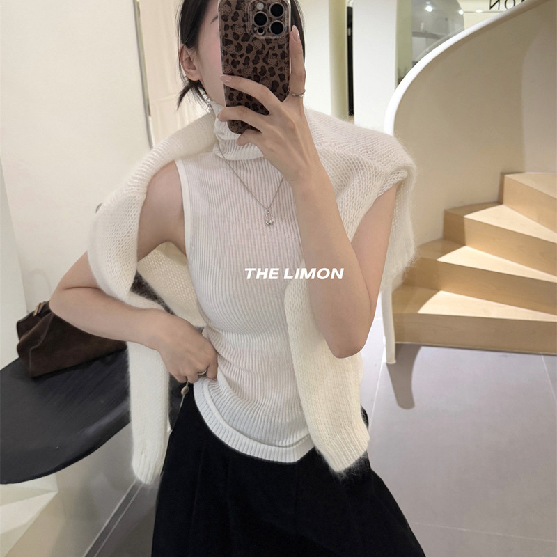 thelimon柠檬绿茶2025秋季新款韩系纯色高领无袖背心针织衫女上衣|undefined