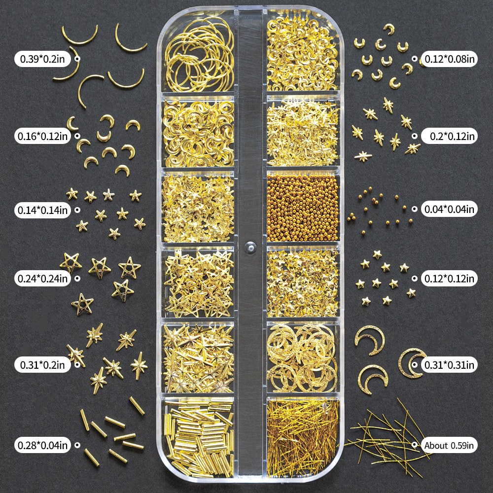 Explosiones transfronterizas de 12 grados mezclados oro y plata joyas de manicuría de perlas estrella y luna accesorios de decoración de uñas metálicas