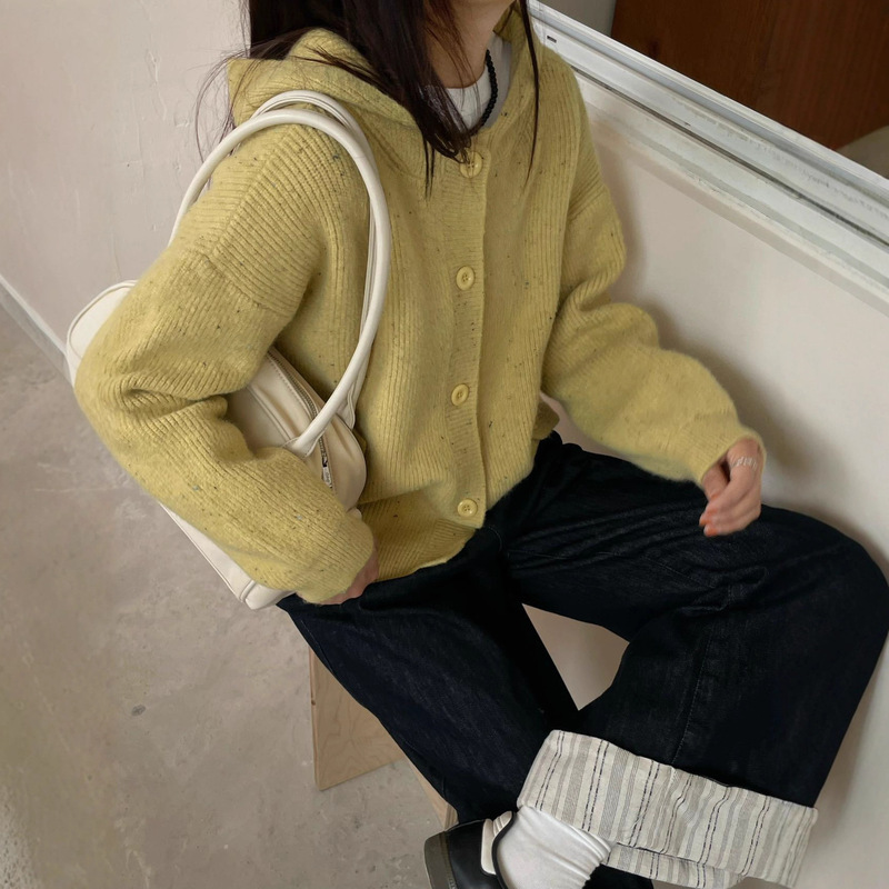韩国东大门时尚休闲针织开衫上衣2025秋冬连帽坑条宽松加厚毛衣女|undefined