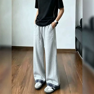 美式格子拼接卫裤男款高街垂感阔腿裤宽松cleanfit直筒男女休闲裤