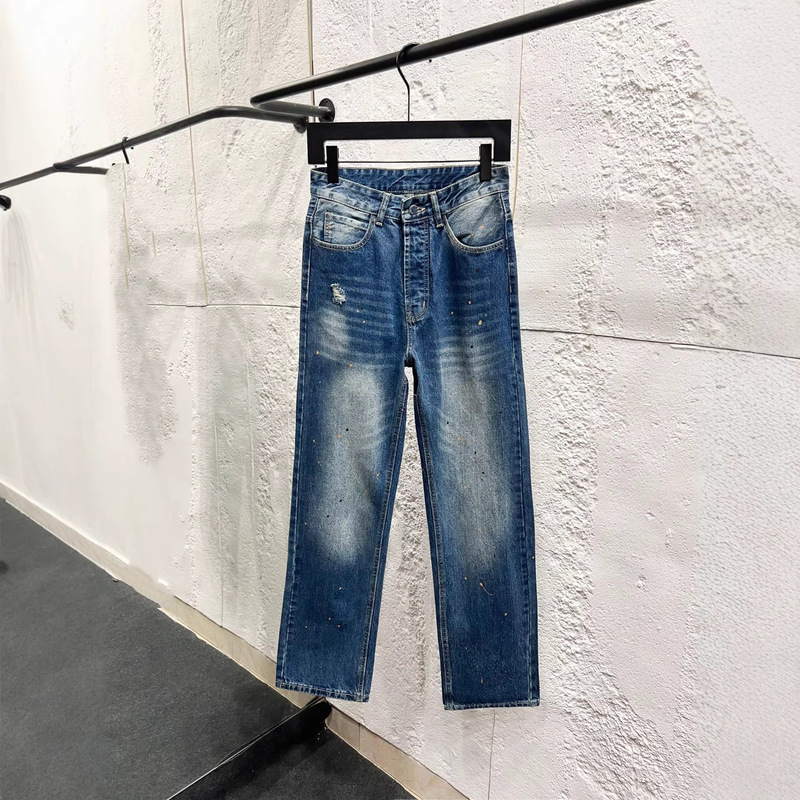 Cross-Border High-End Version Ac Brand 2026 New Model Leather Label Washed Vintage Splash-Ink Couple Style Loose Denim Jeans