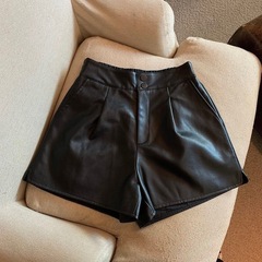 黑色PU皮短裤女2025年新款春秋季辣妹休闲高腰显瘦宽松阔腿短裤子