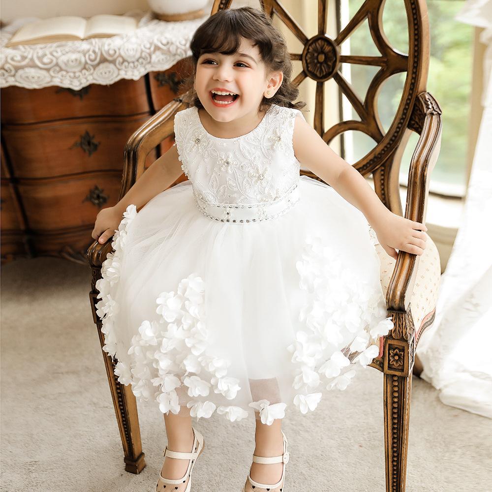 Suministro transfronterizo vestido para niños vestido de novia de niña de flores tridimensionales vestido de princesa mullido de niña vestido de niños