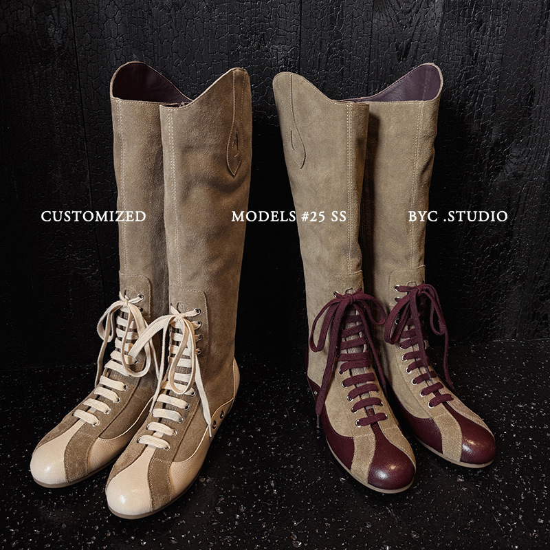3.5cm New Style Lace-Up Side Zipper Knee-High Boots, Full Leather, Ultra-Soft, Hidden Height Increase, Retro Color-Blocking Riding Boots