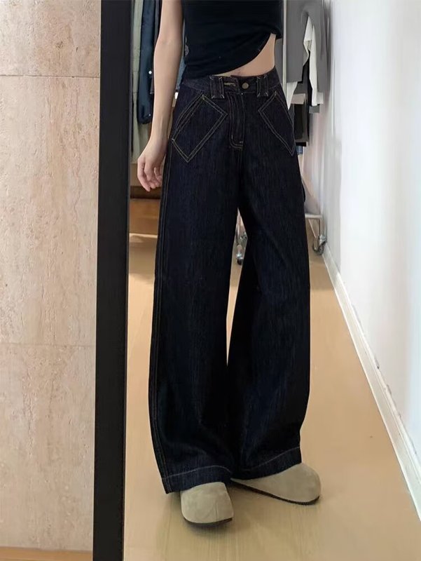 欧美复古水洗黑色廊形弯刀裤女2025春秋新款辣妹设计感阔腿拖地裤|undefined