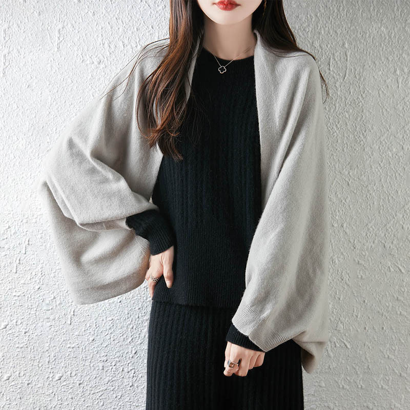 纯羊毛衫针织披肩女式开领外搭秋冬新款舒适保暖衫宽松慵懒风短款|undefined