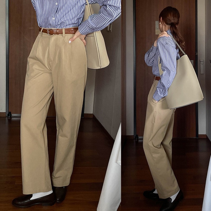 French retro khaki straight suit pants women's spring and autumn high waist Korean style slimming cover chic casual long pants