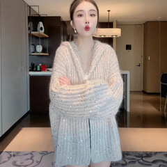 高级感时尚亮片粗针连帽针织开衫女2025春秋款毛衣外套轻奢上衣潮